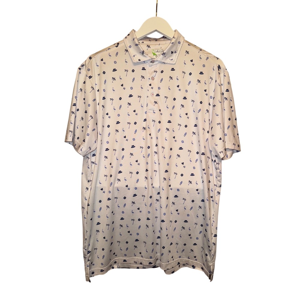 Tailor Byrd Mens Golf‎ Polo Shirt L White Blue Palm Tree Flamingo Print